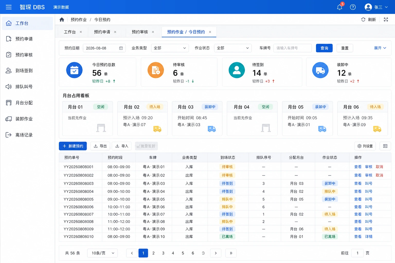 DBS 仓库预约管理系统预约看板与月台管理界面示意