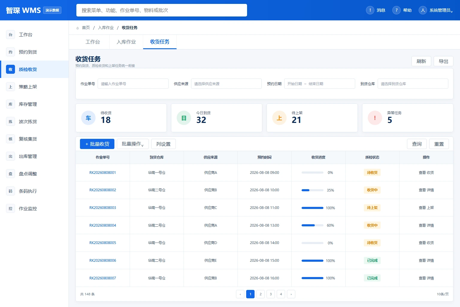 WMS 入库作业收货任务界面示意